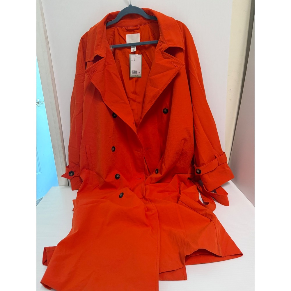 HM Womens Orange Double Breasted Trench Coat XL New NWT Long Belted Jacket